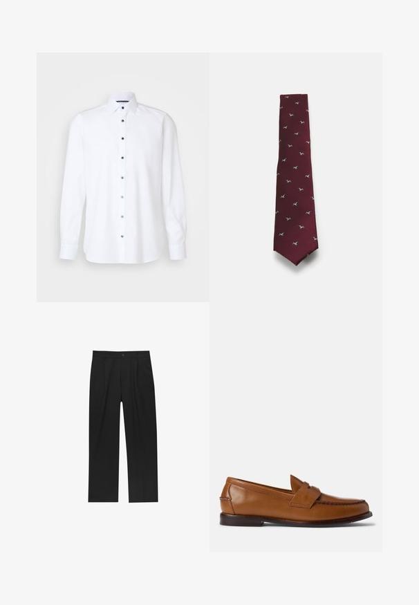 Braune Lederblazer mit spitzen Revers, zwei Fronttaschen, vier Knöpfen und einer eleganten, glatten Textur.; Weißer Strickpullover mit langen Ärmeln, gerippten Bündchen und Saum, mit einem kleinen, navyblauen, gestickten Polo Ralph Lauren-Logo auf der Brust.; OLYMP Level Five Businesshemd - weiss; Schwarze Hose mit geradem Schnitt, aus einem glatten Stoff gefertigt. Verfügt über Vorderfalten und einen einzelnen Knopfverschluss an der Taille.; Braune Lederlackschuhe mit flacher Sohle, abgerundetem Zehenbereich und dekorativer Stickerei. Enthält eine gestickte Verzierung über die Oberseite und eine glatte Oberfläche.; Bordeauxfarbige Krawatte mit gerippter Textur, die kleine, gestickte Vogelmuster in Blau und Weiß aufweist. Rechteckige Form mit spitzem Ende.