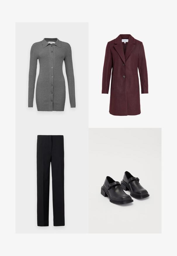 Bordový vlnený kabát zmesovej tkaniny s výstrihom, zapínaním na dve gombíky, bočnými vreckami a strihom na mieru. Mäkká textúra a čisté línie.; Sivý rebrovaný kardigán s dlhými rukávmi, golierovým výstrihom a zapínaním na gombíky. Má priliehavý strih a hladkú textúru.; Čierne, zúžené nohavice so rovnýmm strihom, s hladkým povrchom a bez viditeľných vzorov. Štandardný pás a čisté spracovanie.; Čierne kožené topánky s okrúhlou špičkou, plochou podrážkou a remienkom s detailom pracky. Hrubý blokový opätok pre väčšiu stabilitu.