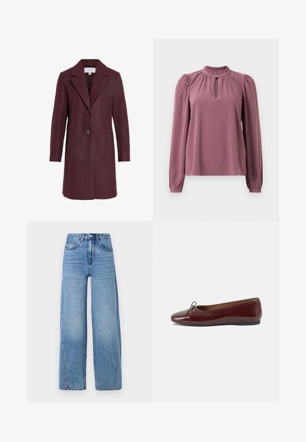 Abrigo de mezcla de lana burdeos con cuello de muesca, cierre de dos botones, bolsillos laterales y un ajuste entallado. Textura suave y líneas limpias.; Blusa de manga larga en color malva con cuello fruncido, escote en forma de ojal con cierre de botón y hombros ligeramente abullonados.; Jeans de mezclilla de tiro alto, de pierna ancha y color azul claro, con bolsillos frontales, trabillas para cinturón, cierre con botón y costuras visibles.; Bailarina de charol burdeos con punta redonda, pequeño lazo en la parte frontal y una suela baja de goma negra. Textura suave.