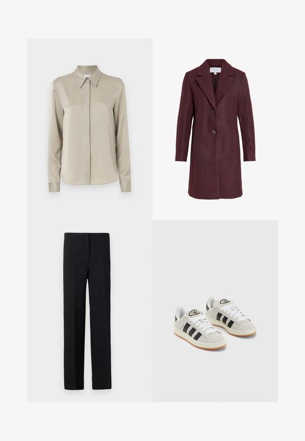 Burgundi gyapjúkeverék kabát, hajtott gallérral, két gombos záródással, oldalsó zsebekkel és testre szabott fazonnal. Puha tapintás és letisztult vonalak.; Beige hosszú ujjú ing klasszikus gallérral, sima textúrával, elöl gombos záródással és diszkrét fényességgel. Testhezálló fazon kerekített alsó résszel.; Fekete, egyenes fazonú, testre szabott nadrág, sima textúrával és látható minták nélkül. Szabványos derékpánt és letisztult kivitel.; Szürke velúr sportcipők fehér fűzővel, fekete csíkokkal és fehér gumitalppal. A nyelvén kör alakú logó található, illetve a talpa színes gumi.