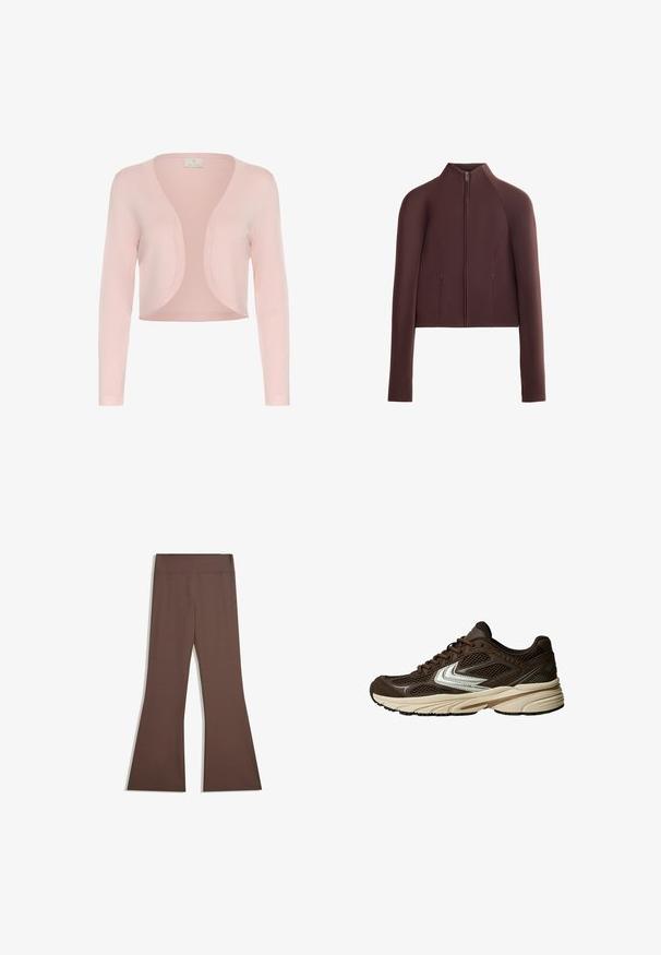 Rjava skrajšana jakna, gladka tekstura tkanine, visok ovratnik, sprednje zadrgo, dolgi rokavi z oprijetimi manšetami, minimalno šivano oblikovanje.; Svetlo roza skrajšana jopica iz mehkega pletenega materiala, z dolgimi rokavi, odprtim sprednjim delom in subtilno rebrasto teksturo ob robovih.; Črna brezrokavnica z okroglo izreza, izdelana iz mehkega blaga. Ima prilegan kroj in čiste robove. Brez dodatnih vzorcev ali akcentov.; Rjave hlače visokega pasu s prilegajočim zgornjim delom noge in razširjenim dnom, prikazane na enobarvni beli podlagi.; Rjava atletska obutev z mrežastimi paneli, belimi akcenti, oblazinjenim gumijastim podplatom in teksturiranim tkaninskim zgornjim delom za zračnost.