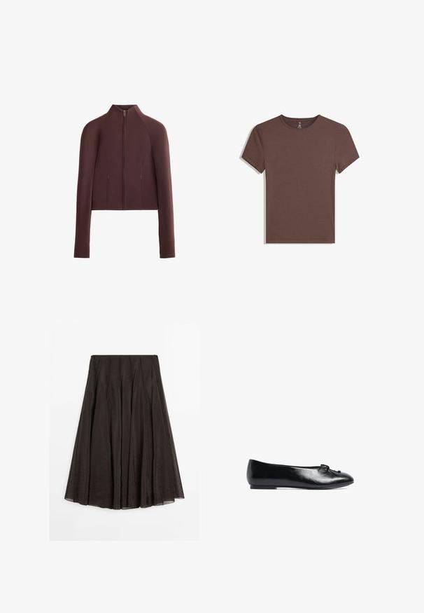 Giacca corta marrone, tessuto a trama liscia, colletto alto, chiusura frontale con zip, maniche lunghe con polsini aderenti, dettagli di cucitura minimal.; T-shirt in cotone marrone con scollo rotondo, maniche corte e design semplice. Orlo cucito piatto e nessun abbellimento o motivo visibile.; Gonna midi A-line marrone scuro con dettagli delle cuciture verticali, tessuto leggero e chiusura con zip sul retro.; Ballerine nera in pelle con punta rotonda, piccolo dettaglio a fiocco sulla parte anteriore e suola bassa e flessibile. Texture liscia in tutto il prodotto.