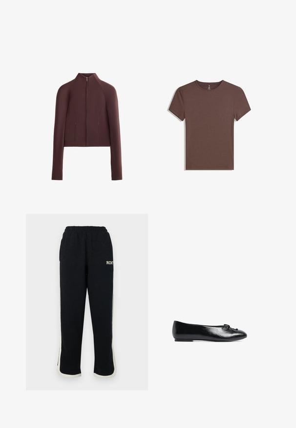 Rjava skrajšana jakna, gladka tekstura tkanine, visok ovratnik, sprednje zadrgo, dolgi rokavi z oprijetimi manšetami, minimalno šivano oblikovanje.; Rjava bombažna majica s krojem okroglega izreza, kratkimi rokavi in enostavnim dizajnom. Ravno šivanje na robovih in brez vidnih okrasnih elementov ali vzorcev.; Črne trenirke z elastiko v pasu, belimi stranskimi črtami in majhnim logotipom spredaj. Narejene iz mehkega, teksturiranega materiala.; Črne usnjene balerinke z okroglo konico, majhno pentljo spredaj in nizkim, fleksibilnim podplatom. Gladka tekstura po celotni površini.