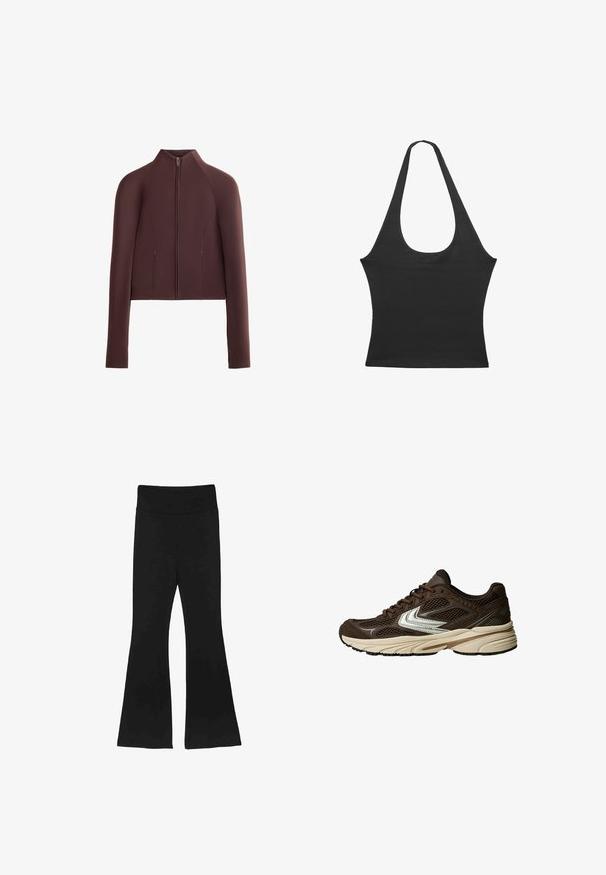 Brun cropped jakke, glat teksturstof, høj krave, lynlås foran, lange ærmer med tætsiddende manchetter, minimal sømdetaljering.; Sort ærmeløs top med rund hals, lavet af blødt stof. Har en tætsiddende form og rene kanter. Ingen yderligere mønstre eller detaljer.; Sorte flared bukser med en bred talje og et glat, strækbart stof. Benene udvider sig, hvilket skaber en veldefineret silhuet.; Brun atletisk sko med mesh-paneler, et hvidt accentdesign, en polstret gummisål og en strikket overdelsmateriale for åndbarhed.