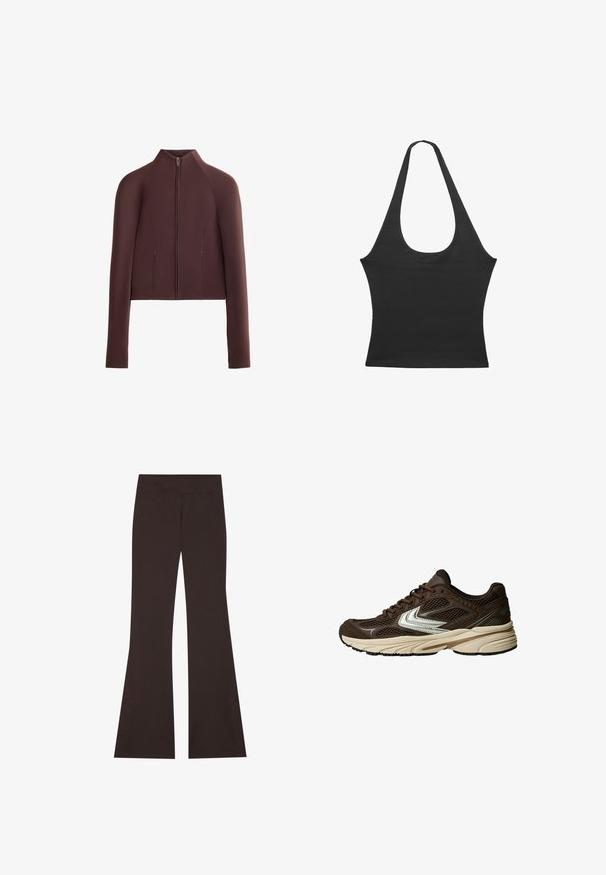 Rjava skrajšana jakna, gladka tekstura tkanine, visok ovratnik, sprednje zadrgo, dolgi rokavi z oprijetimi manšetami, minimalno šivano oblikovanje.; Črna brezrokavnica z okroglo izreza, izdelana iz mehkega blaga. Ima prilegan kroj in čiste robove. Brez dodatnih vzorcev ali akcentov.; Rjave široke hlače z visokim pasom, narejene iz elastičnega materiala. Imajo stranske razpoke na robu in plosko zakajane šive.; Rjava atletska obutev z mrežastimi paneli, belimi akcenti, oblazinjenim gumijastim podplatom in teksturiranim tkaninskim zgornjim delom za zračnost.