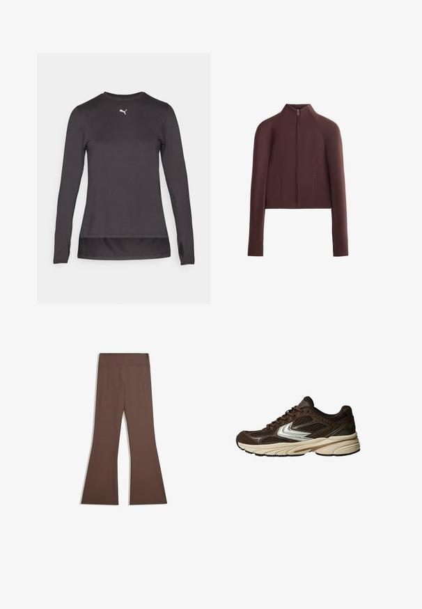 Bruine cropped jas, glad geweven stof, hoge kraag, ritssluiting aan de voorkant, lange mouwen met aansluitende manchetten, minimale naden.; Zwart langslijve atletisch shirt met een ronde halslijn, voorzien van een klein wit logo op de borst en duimgaten bij de manchetten. Glad textuur.; Bordeaux hoge taillebroek met een aansluitende bovenbeen en uitlopende onderkant, tentoongesteld tegen een effen witte achtergrond.; Bruine sportschoen met mesh panelen, een witte accentontwerp, een gewatteerde rubberen zool en een textiele bovenkant voor ademend vermogen.