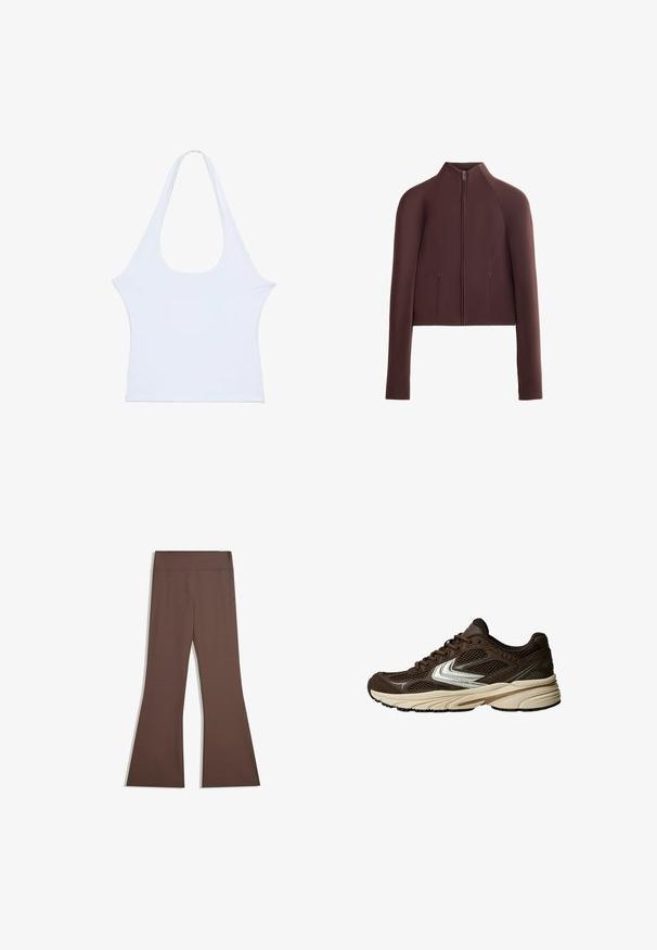 Giacca corta marrone, tessuto a trama liscia, colletto alto, chiusura frontale con zip, maniche lunghe con polsini aderenti, dettagli di cucitura minimal.; Una canotta bianca senza maniche, realizzata in un materiale morbido, con un ampio scollo rotondo e un design complessivo minimalista. Senza motivi o decorazioni evidenti, presenta una trama liscia.; Pantaloni alti marroni con gamba superiore aderente e fondo svasato, esposti su uno sfondo bianco semplice.; Scarpa atletica marrone con pannelli in rete, un design con accenti bianchi, una suola in gomma imbottita e una tomaia in tessuto testurizzato per la traspirabilità.