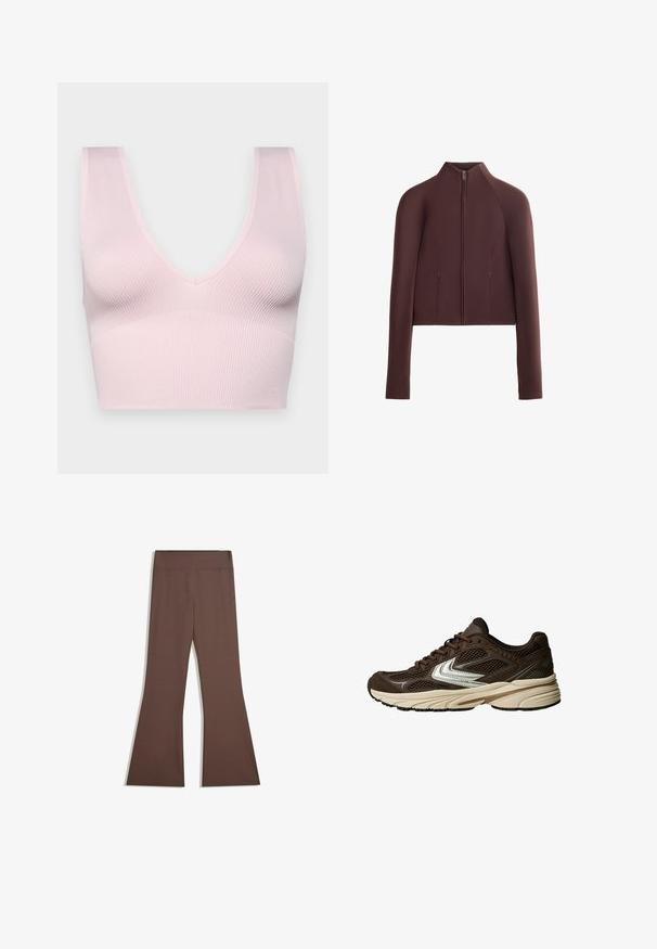 Giacca corta marrone, tessuto a trama liscia, colletto alto, chiusura frontale con zip, maniche lunghe con polsini aderenti, dettagli di cucitura minimal.; Reggiseno rosa a coste con design a V e spalline larghe. Realizzato in materiale morbido ed elastico; costruzione senza cuciture per il massimo comfort.; Pantaloni alti marroni con gamba superiore aderente e fondo svasato, esposti su uno sfondo bianco semplice.; Scarpa atletica marrone con pannelli in rete, un design con accenti bianchi, una suola in gomma imbottita e una tomaia in tessuto testurizzato per la traspirabilità.