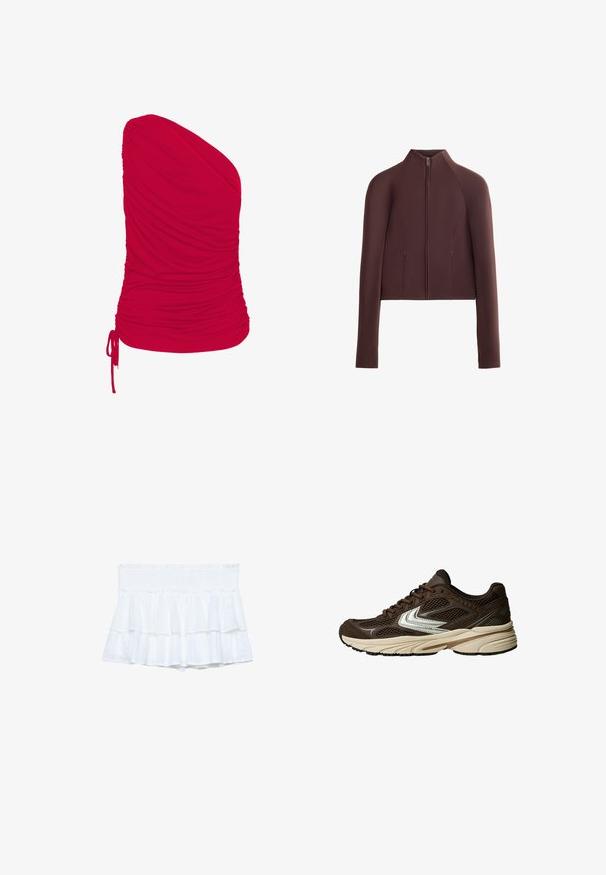 Braune, kurz geschnittene Jacke, glattes Stoffmaterial, hoher Kragen, Reißverschluss vorne, lange Ärmel mit engen Bündchen, minimale Nahtdetails.; Rotes Top mit einem Schulterträger, aus weichem, dehnbarem Stoff mit gerüschter Textur; enthält einstellbare Kordelzüge am Saum.; Weiße geraffte Shorts mit einem elastischen Bund, die aus geschichteten Stoffen und subtilen Texturdetaills bestehen. Leicht und lässig im Design.; Brauner Sportschuh mit Mesh-Einsätzen, einem weißen Akzentdesign, einer gepolsterten Gummisohle und einem strukturierten Stoffoberteil für Atmungsaktivität.
