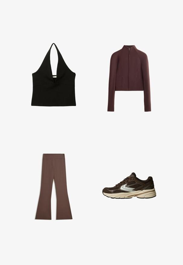 Brązowa krótka kurtka, gładka tkanina, wysoki kołnierz, zamek błyskawiczny z przodu, długie rękawy z dopasowanymi mankietami, minimalne przeszycia.; Czarny top na ramiączkach z głębokim dekoltem w kształcie litery V. Wykonany z gładkiego materiału, ma dopasowany krój i czyste wykończenie. Bez dodatków ani ozdób.; Brązowe spodnie z wysokim stanem, dopasowane w górnej części nogawki, z rozszerzającym się dołem, prezentowane na jednolitym białym tle.; Brązowy but sportowy z siateczkowymi panelami, białym akcentem, amortyzowaną gumową podeszwą oraz teksturowanym wierzchem z materiału zapewniającego wentylację.
