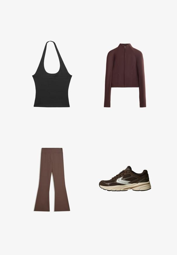 Rjava skrajšana jakna, gladka tekstura tkanine, visok ovratnik, sprednje zadrgo, dolgi rokavi z oprijetimi manšetami, minimalno šivano oblikovanje.; Črna brezrokavnica z okroglo izreza, izdelana iz mehkega blaga. Ima prilegan kroj in čiste robove. Brez dodatnih vzorcev ali akcentov.; Rjave hlače visokega pasu s prilegajočim zgornjim delom noge in razširjenim dnom, prikazane na enobarvni beli podlagi.; Rjava atletska obutev z mrežastimi paneli, belimi akcenti, oblazinjenim gumijastim podplatom in teksturiranim tkaninskim zgornjim delom za zračnost.