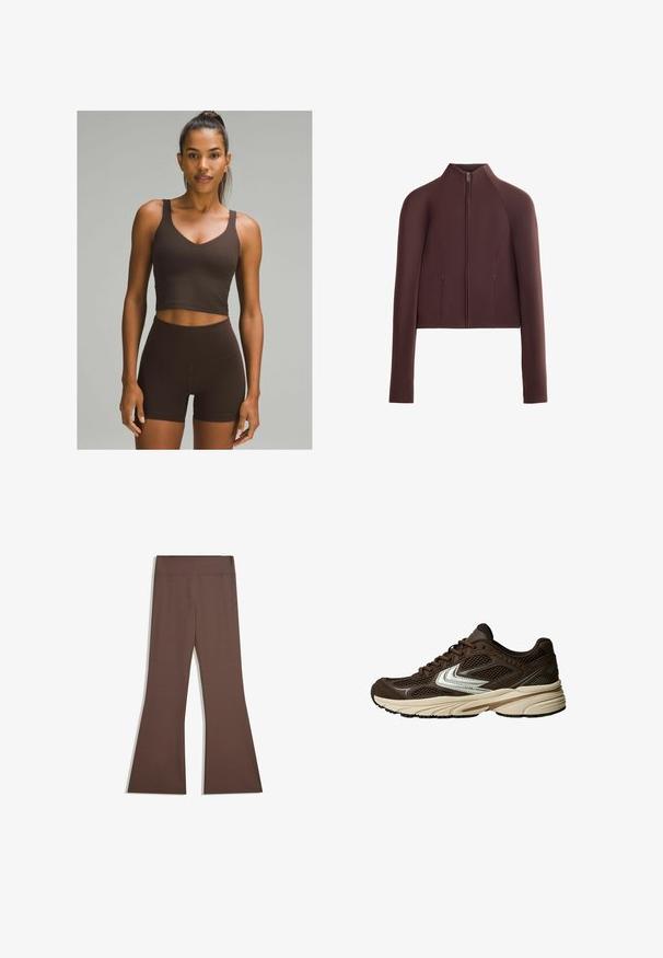 Hnedá skrátená bunda, hladká textúra, vysoký golier, predné zapínanie na zips, dlhé rukávy s úzkymi manžetami, minimálne švy.; lululemon ALIGN™ A/B CUP - Top - espresso; Hnedé vysoké nohavice s priliehavou hornou časťou a rozšíreným spodkom, vystavené na jednoduchom bielom pozadí.; Hnedá športová obuv s panelmi z polyesterovej sieťoviny, bielymi akcentmi, pohodlnou gumovou podrážkou a textilným vrchom pre lepšiu priedušnosť.
