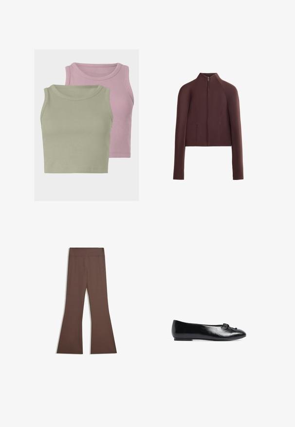 Brown cropped jacket, smooth textured fabric, high collar, front zip closure, long sleeves with fitted cuffs, minimal seam detailing.; Two sleeveless ribbed crop tops, one in light green and one in light pink, showcasing soft texture and round necklines.; Brown high-waist pants with a fitted upper leg and flared bottom, displayed against a plain white background.; Black leather ballet flat with a round toe, small bow detail on the front, and a low, flexible sole. Smooth texture throughout.