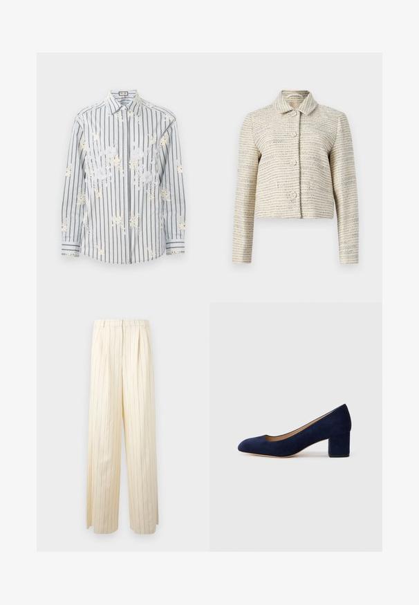 Veste courte ivoire en tissu texturé avec des rayures horizontales bleues et noires. Elle a des manches longues, un col et des boutons ronds.; Chemise boutonnée à rayures bleu clair avec des broderies florales blanches, manches longues, et accents noirs contrastants sur les poignets et le col.; Pantalons large crème avec des rayures verticales bleu marine, présentant un devant plissé et un tissu lisse, légèrement texturé.; Escarpin en daim bleu marine avec un bout pointu et un talon bloc de hauteur intermédiaire. Texture lisse avec un subtil éclat et une petite découpe à l'avant.