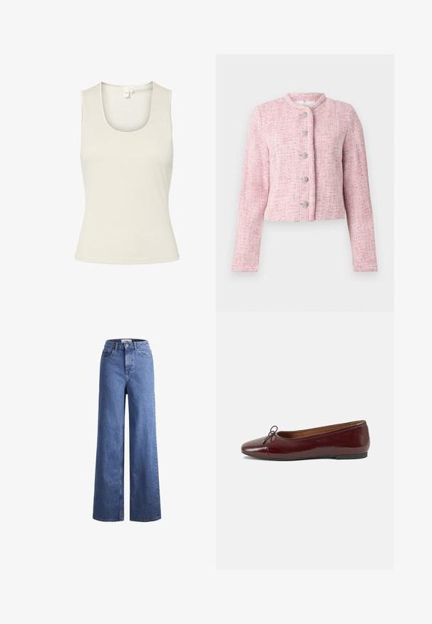 Kratka roza žaket iz tvida z okroglo ovratnikom, petimi srebrnimi gumbi in dolgimi rokavi. Teksturovana tkanina s ribjim kostanjem po celotni površini.; Bela brezrokavnik iz rebraste tkanine s krožnim izrezom, izdelan iz raztegljive tkanine, prikazan na beli podlagi.; Svijetloplave traper hlače širokih nogavica s visokim strukom, s dva prednja džepa i vidljivim šavovima. Ima kopčanje na gumb i zatvarač.; Burgundska patenti usnjeni baletni čevlji z zaobljenim prstom, majhnim lokom na sprednji strani in nizkim črnim gumijastim podplatom. Gladka tekstura.