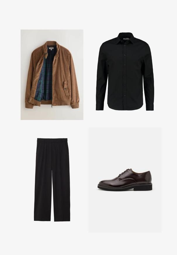 Hnedá kordová bunda so zipsom vpredu, s chrbtovým golierom a bočnými vreckami. Interiér je vybavený tmavozelenou a modrou károvanou podšívkou.; Čierna košeľa s dlhým rukávom vyrobená z hladkého materiálu, má zapínanie na gombíky vpredu, špicatý golier a priliehajúci strih s oblým dolným okrajom.; Čierne široké nohavice so skladaným predným dielom, bočnými vreckami a hladkým textilným povrchom. Navrhnuté na voľný strih.; Hnedé kožené oxfordky s lesklým povrchom, okrúhlou špičkou, šnurovacím dizajnom a hrubou čiernou gumovou podrážkou. Švíkové detaily na vrchnej časti.