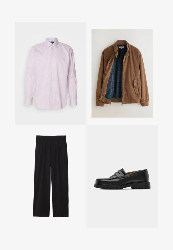 Chaqueta de pana marrón con cierre de cremallera en el frontal, cuello a presión y bolsillo lateral. El interior presenta un forro de cuadros en tonos verde oscuro y azul.; Camisa blanca de vestir con finas rayas verticales rojas, cuello abotonado, mangas largas y un logo claro en el cuello. Material de mezcla de algodón.; Pantalones de pierna ancha negros con frente plisado, bolsillos laterales y una textura de tela suave. Diseñados para un ajuste relajado.; Los mocasines de cuero negro presentan una costura elevada, dos correas decorativas en la parte superior y una suela gruesa y texturizada para mayor agarre.