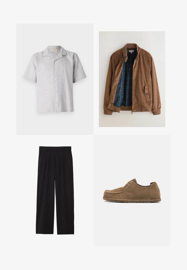 Brun kordfløjl jakke med lynlås foran, trykknapkrave og sidelomme. Indvendigt har den en mørkegrøn og blåternet foret.; Kortærmet button-up skjorte i lyseblå og hvidstribet linned. Har en klassisk krave og en lige fald, med fem knapper ned ad forsiden.; Sorte brede bukser med en plisseret front, sidelommer og en glat stoftekstur. Designet til en afslappet pasform.; Birkenstock UTTI LACE NARROW - Sporty snøresko - gray taupe