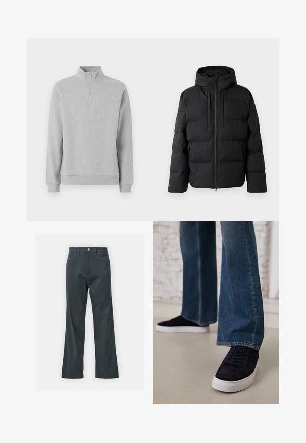 Casaco puffer preto com capuz, apresentando um design acolchoado horizontal, fecho de correr à frente e dois bolsos laterais. Feito de um material liso e resistente à água.; Sweatshirt cinzento com fecho, gola alta, mangas longas e punhos em ribana. Tecido suave com uma textura lisa e detalhe minimal de marca.; Calças pretas com corte reto, feitas de um tecido em mistura de algodão. Apresenta um fecho com botão metálico e bolsos laterais. Sem padrões visíveis.; Tênis de camurça azul escuro com sola de borracha branca e atacadores, combinados com jeans de perna larga em um tom de azul médio.