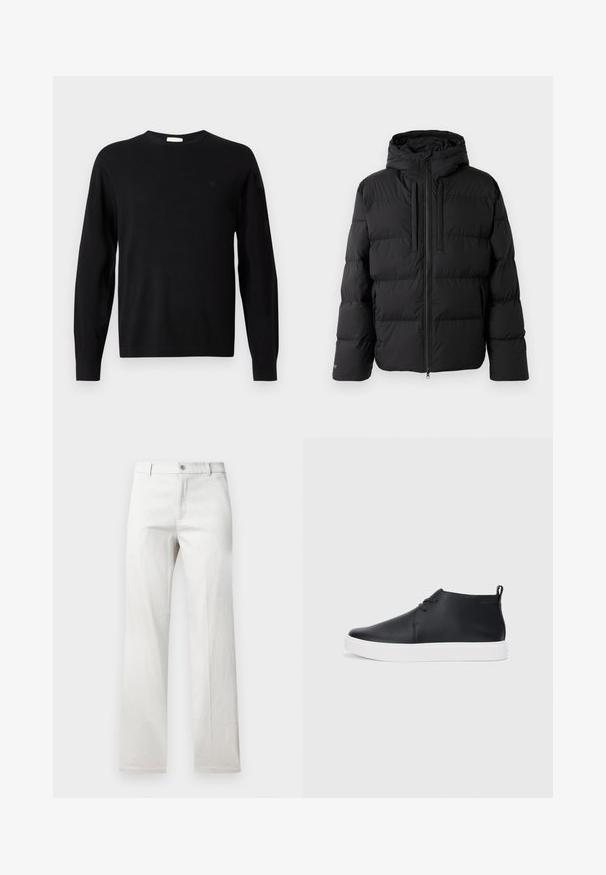 Jachetă pufă neagră cu glugă, cu un design cabinat pe orizontală, fermoar frontal și două buzunare laterale. Fabricată dintr-un material neted, rezistent la apă.; Pulover negru cu mânecă lungă și guler rotund, cu un logo discret "cK" pe partea stângă a pieptului, cu manșete și tiv ribbed, expus pe un fundal alb.; Pantaloni gri deschis cu un design cu picior drept, confecționați dintr-un material neted, având o închidere frontală cu nasture și buzunare laterale.; Adidași negri din piele, cu vârf înalt, finisaj neted, talpă din cauciuc alb și un design simplu cu șireturi. Au un tab de prindere în partea din spate.