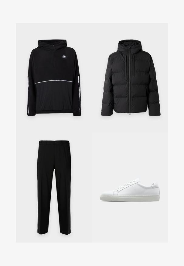 Jachetă pufă neagră cu glugă, cu un design cabinat pe orizontală, fermoar frontal și două buzunare laterale. Fabricată dintr-un material neted, rezistent la apă.; Hanorac negru din fleece, cu fermoar pe jumătate, glugă și linie de accent albă. Logo imprimat pe piept; dispune de manșete și tiv elastic. Textură moale.; Pantaloni negri dintr-un material neted, cu o croială dreaptă, două buzunare frontale și fermoar cu sistem de închidere cu buton.; Adidași albi cu o suprafață din piele netedă și un profil jos. Au un vârf rotunjit, șase orificii pentru șireturi și o talpă din cauciuc texturată.