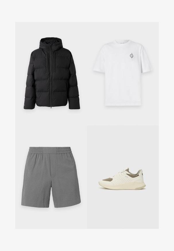 Mustmustu pusa-kurtka kapuutsiga, horisontaalse tikandiga disainiga, korraliku tõmbluku ja kahe küljetaskuga. Valmistatud siledast, veekindlast materjalist.; Valge puuvillane t-särk lõdva sobivusega, millel on vasakul rinnal väike must graafiline logo. Lühikesed varrukad, ümmargune kaelus.; Hallid hallid lühikesed püksid elastse vöökohtaga, tekstuuriga kangas ja sirge lõige. Omavad kahte küljetaskut ja peent, mustrilist disaini.; Valge ja heledat beeži värvi spordijalats, millel on õhuke võrkmaterjal, perforatsioonidega detailid ning tekstuuriga vahetald, millel on brändi logo kannaosas.