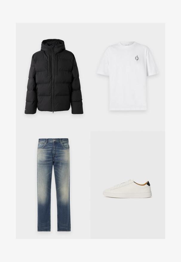 Crni zimski kaput s kapuljačom, s horizontalnim kvadratnim uzorkom, s prednjim zatvaračem i dva bočna džepa. Izrađen od glatkog, vodootpornog materijala.; Bijela pamučna majica s opuštenim krojem, s malim crnim grafičkim logotipom na lijevoj prečki. Kratki rukavi, okrugli izrez.; Plave traperice ravnog kroja s blagim izblijedjelim i izgužvanim detaljima na prednjoj strani, dizajn s pet džepova i petlje za remen.; Bijela tenisica s glatkim kožnim gornjištem, okruglim vrhom i ravnim potplatom. Crni akcent na peti, s tonu zavozicama i minimalnim brendiranjem.