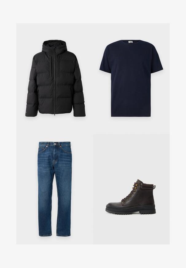 Mustmustu pusa-kurtka kapuutsiga, horisontaalse tikandiga disainiga, korraliku tõmbluku ja kahe küljetaskuga. Valmistatud siledast, veekindlast materjalist.; Tumed sinise värvi lühikeste varrukatega T-särk, mis on valmistatud puuvillast, ümarate kaelustega ja lõdva istuvusega, ilma nähtavate musterite või aktsendita.; Sinine denimist teksapüksid otse lõikega, keskmise kõrgusega vöökoht ja oranž õmblusdetail. Omab klassikalist viie tasku disaini ja nööbi sulgemist.; Pruunid nahast pahkluu saapad on varustatud ümmarguse ninaga, tekstuurse pealsega, kuldsete metallist silmadega ja paksu musta kummist tallaga, mis tagab hea haarde.