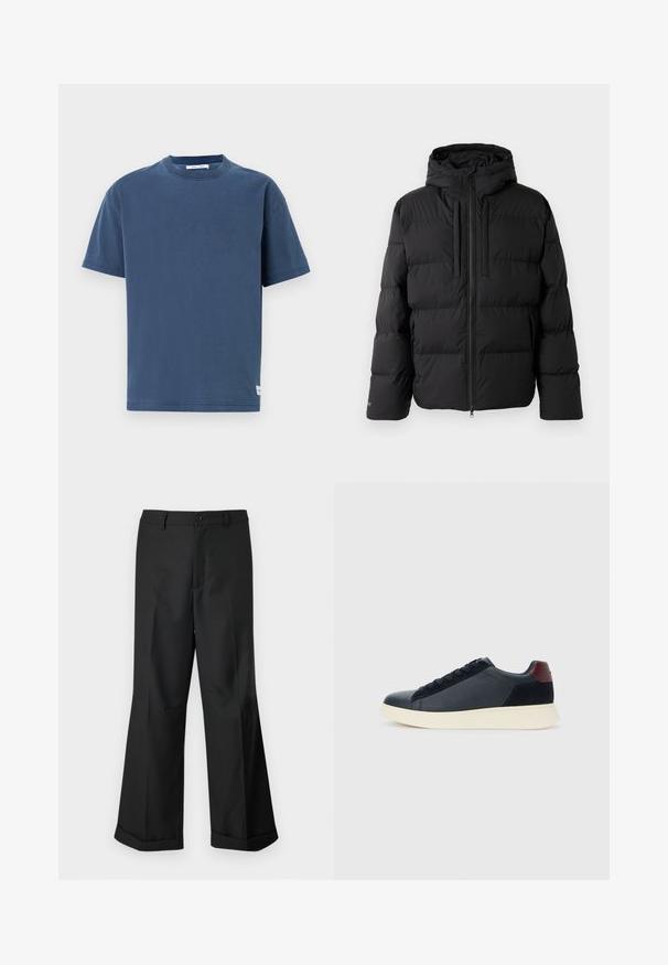 Jachetă pufă neagră cu glugă, cu un design cabinat pe orizontală, fermoar frontal și două buzunare laterale. Fabricată dintr-un material neted, rezistent la apă.; Tricou din bumbac bleumarin, cu mâneci scurte, guler rotund, croială obișnuită, design simplu, cu o mică etichetă cu logo la tiv.; Pantaloni negri cu picioare largi, cu talie cu nasturi și margini răsucite, expuși pe un fundal alb simplu.; Sneakeruri pentru bărbați, cu talpă joasă, din piele neagră și suede, cu tab cuum maron și talpă din cauciuc alb, văzute din partea exterioară.