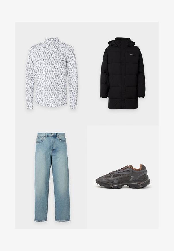 Guess Jeans PUFFER JACKET - Giacca invernale - jet black; Camicia bianca con colletto a bottoni, caratterizzata da un motivo ripetitivo di polpi e cerchi in nero e grigio. Maniche lunghe, tessuto misto cotone.; Jeans di denim azzurro chiaro con una vestibilità ampia, gambe dritte, design a cinque tasche e chiusura con bottone in vita. Dettagli di cucitura minimalista.; Sneaker Lacoste grigie scure in materiale mesh e sintetico, con suola testurizzata e dettagli marroni sul colletto e sul branding.