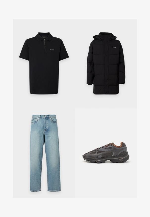 Guess Jeans PUFFER JACKET - Ziemas jaka - jet black; Melna polo krekla ar rāvējslēdzēju apkakli, īsām piedurknēm un smalku "BELSTAFF" logotipu uz krūtīm. Izgatavots no gludas auduma.; Gaiši zili džinsi ar brīvu piegriezumu, taisnām kājām, piecu kabatu dizainu un pogu aizdari jostasvietā. Minimālistiski izšuvumi.; Lacoste kedas tumši pelēkā krāsā ar acu audumu un sintētisko materiālu, ar teksturētu zoli un brūniem akcentiem apkaklītē un zīmola uzrakstā.