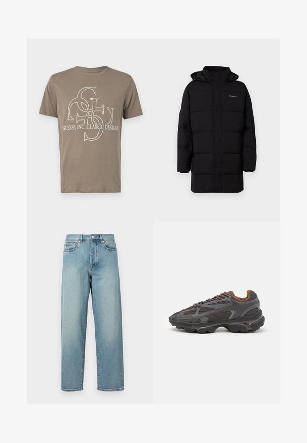 Guess Jeans PUFFER JACKET - Winterjacke - jet black; Braunes Baumwoll-T-Shirt mit einem weißen Grafikdesign, das ineinandergreifende Buchstaben und den Text "GUESS?, INC. CLASSIC DESIGN" auf der Vorderseite zeigt.; Hellblaue Denim-Jeans mit lockerer Passform, geraden Beinen, fünf Taschen im Design und einem Knopfverschluss an der Taille. Minimalistische Nähdetails.; Lacoste Sneaker in Dunkelgrau aus Mesh und Synthetikmaterial, mit einer strukturierten Sohle und braunen Akzenten am Kragen und Logo.