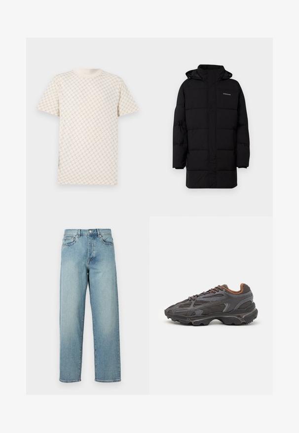 Guess Jeans PUFFER JACKET - Talvitakki - jet black; Vaaleanbeige lyhythihainen t-paita, jossa on teksturoitu kuvio päällekkäisistä ympyröistä. Pehmeää kangasta, pyöreä kaula-aukko ja normaali malli.; Vaaleansiniset farkut, joissa on löysä malli, suorat lahkeet, viisi taskua ja nappikiinnitys vyötäröllä. Minimalistinen ommel yksityiskohta.; Lacoste-tennar i mörkgrått med nät- och syntetmaterial, med en texturerad sula och bruna accenter på kragen och märket.