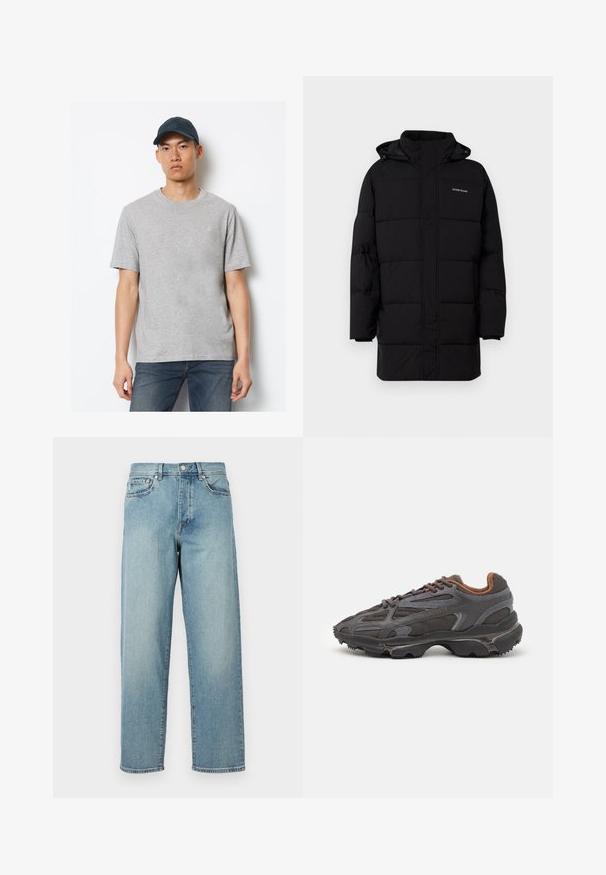 Guess Jeans PUFFER JACKET - Winterjas - jet black; Grijze katoenen T-shirt met korte mouwen en een ronde hals, gecombineerd met donkerblauwe jeans en een bijpassende pet met een logo op de voorkant.; Lichtblauwe denim jeans met een losse pasvorm, rechte pijpen, een vijfzakkenontwerp en een knoopsluiting bij de taille. Minimalistische stikdetails.; Lacoste sneakers in donkergrijs van mesh en synthetisch materiaal, met een gestructureerde zool en bruine accenten op de kraag en branding.