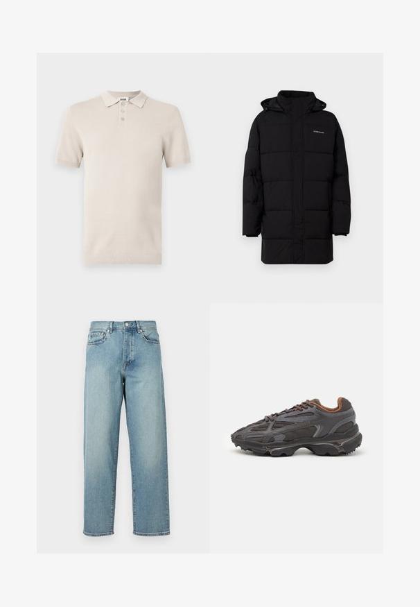 Guess Jeans PUFFER JACKET - Talvitakki - jet black; Lyhytnenkkinen, vaaleanbeige poolopaita, jossa on teksturoitu kangas, kolme nappia napitettavana ja vastaava ribbireuna kauluksessa ja helmassa.; Vaaleansiniset farkut, joissa on löysä malli, suorat lahkeet, viisi taskua ja nappikiinnitys vyötäröllä. Minimalistinen ommel yksityiskohta.; Lacoste-tennar i mörkgrått med nät- och syntetmaterial, med en texturerad sula och bruna accenter på kragen och märket.