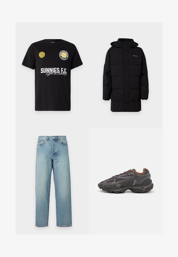 Guess Jeans PUFFER JACKET - Žieminė striukė - jet black; Juodas medvilninis marškinėliai su dviem apvaliais logotipais ant krūtinės. "Sunnies FC" užrašytas drąsiomis baltomis raidėmis su šriftu kursyvu po juo.; Šviesiai mėlynos džinsinės kelnės su laisvu siluetu, tiesiomis kojomis, penkių kišenių dizainu ir sagčių uždarymu juosmens srityje. Minimalistinis siuvinėjimo akcentas.; Lacoste sportbačiai tamsiai pilki, pagaminti iš tinklinės ir sintetinių medžiagų, su tekstūruotu padu ir rudomis detalėmis ant apykaklės bei prekės ženklo.