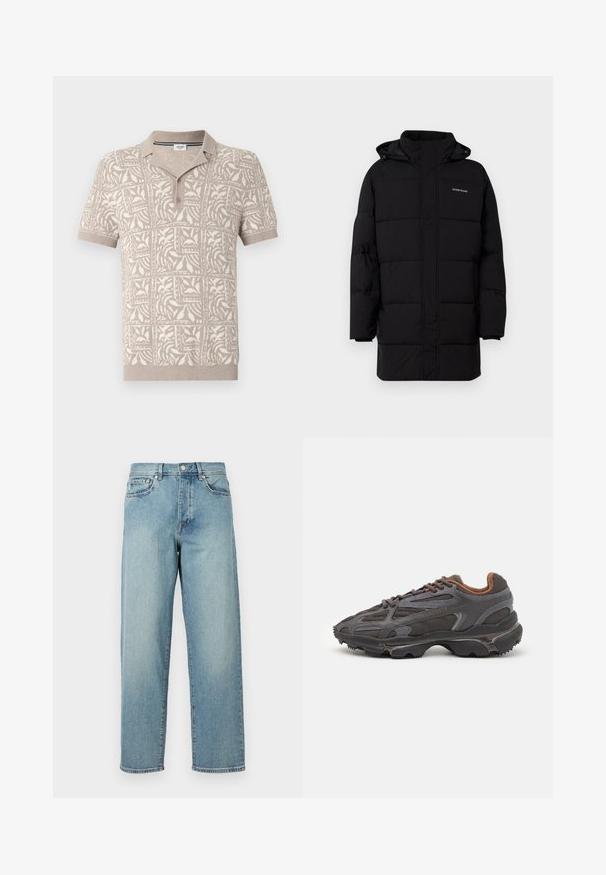 Guess Jeans PUFFER JACKET - Chaqueta de invierno - jet black; Camisa polo de manga corta color beige con un diseño texturizado y estampado, featuring un collar abotonado y un tejido de punto suave con sutiles motivos florales.; Jeans de mezclilla azul claro con un corte amplio, piernas rectas, diseño de cinco bolsillos y cierre de botón en la cintura. Detalle de costura minimalista.; Zapatillas Lacoste en gris oscuro con material de malla y sintético, que cuentan con una suela texturizada y detalles en marrón en el cuello y la marca.