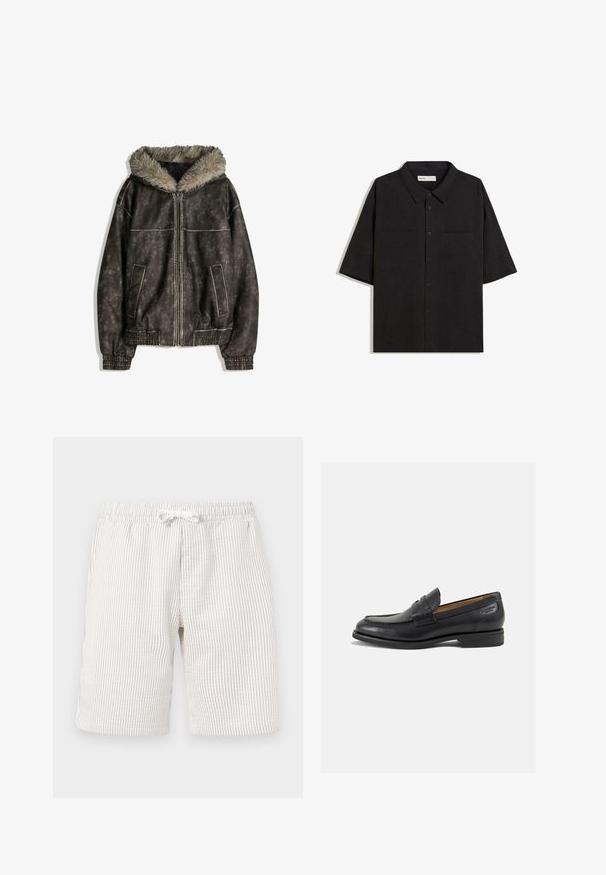 Bruine faux leren jasje met een bontvoering in de capuchon, twee voorzakken, geribbelde manchetten en een ritssluiting. Gestructureerd oppervlak met contrasterende stiksels.; Zwart kortmouwen shirt met een kraag, twee voorzakken, knoopsluiting en een gladde stoftextuur.; Lichtbeige gestreepte shorts met een elastische tailleband en trekkoord. De textuur lijkt zacht en de stof heeft een subtiel verticaal patroon.; Zwarte leren loafers met een gladde afwerking, ronde neus en decoratieve stiksels op de wreef. Lage gestapelde hak en een lichte glans.