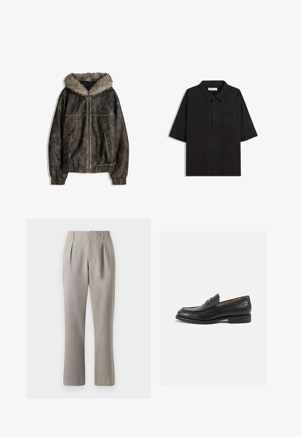 Jachetă din piele sintetică maro cu glugă căptușită cu blană, două buzunare frontale, manșete rib mate și închidere cu fermoar. Suprafață texturată cu coasere contrastante.; Cămașă neagră cu mâneci scurte, guler la gât, două buzunare frontale, închidere cu butoane și o textură a materialului netedă.; Pantaloni gri din stofă, cu o textură netedă, având pliuri în față, bucle pentru curea și picioare drepte. Materialul pare bine structurat și ușor.; Mocasini din piele neagră cu o finisare netedă, vârf rotund și cusături decorative pe partea superioară. Toc mic și stivuit, cu o ușoară strălucire.