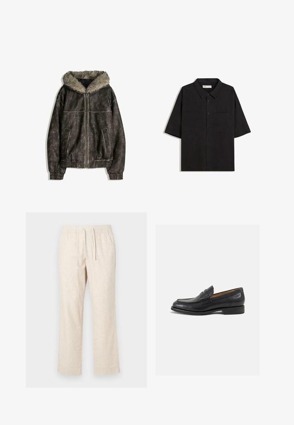 Braune Kunstlederjacke mit einer mit Fell gefütterten Kapuze, zwei Fronttaschen, Rippbündchen und einem Reißverschluss. Strukturiert Oberfläche mit kontrastierenden Nähten.; Schwarzes Kurzarmhemd mit Kragen, zwei aufgesetzten Taschen vorne, Knopfverschluss und einer glatten Stoffstruktur.; Beige Leinenhose mit elastischem Bund und Kordelzug. Gerades Bein Design mit leichter Textur und subtilem Gewebemuster.; Schwarze Leder Slipper mit glatter Oberfläche, runder Spitze und dekorativer Naht auf dem Vorderblatt. Niedriger Blockabsatz und leichter Glanz.