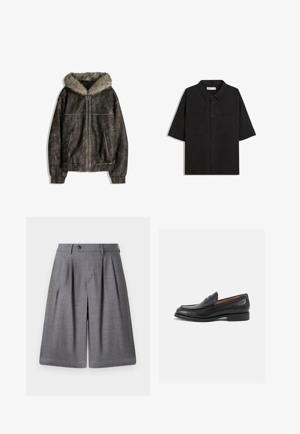 Brown faux leather jacket with a fur-lined hood, two front pockets, ribbed cuffs, and a zipper closure. Textured surface with contrasting stitching.; Black short-sleeve shirt with a collared neckline, two front pockets, button closure, and a smooth fabric texture.; Gray tailored shorts made from smooth fabric, featuring pleats, a button closure, and a crisp waistband for a structured fit.; Black leather loafers with a smooth finish, rounded toe, and decorative stitching on the vamp. Low stacked heel and slight shine.
