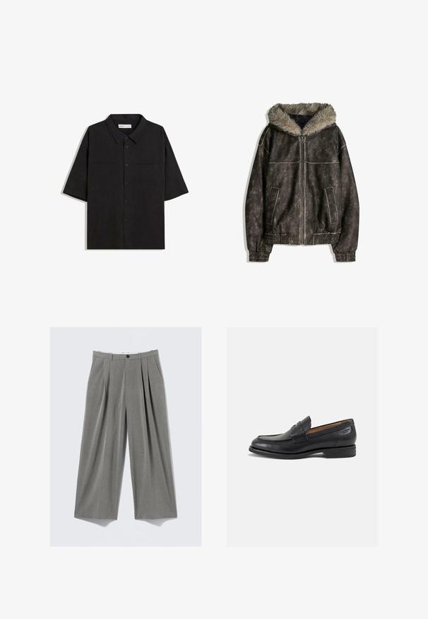 Rjava usnjena jakna iz umetnega materiala s kapuco obloženo s krznom, dvema sprednjima žepoma, rebrastimi manšetami in zadrgo. Teksturirana površina s kontrastnim šivanjem.; Črna kratka majica s kratkimi rokavi, ovratnikom, dvema sprednjima žepoma, gumbom za zapiranje in gladkim tekstilom.; Sive prugaste hlače širokih nogavica s prednjim nabranimi, zankami za pas, stranskimi žepi in črnimi gumbi.; Črne usnjene loafers cipele z gladko površino, zaobljenim nosom in dekorativnim šivom na vampu. Nizek zloženi peti in rahla sijaj.
