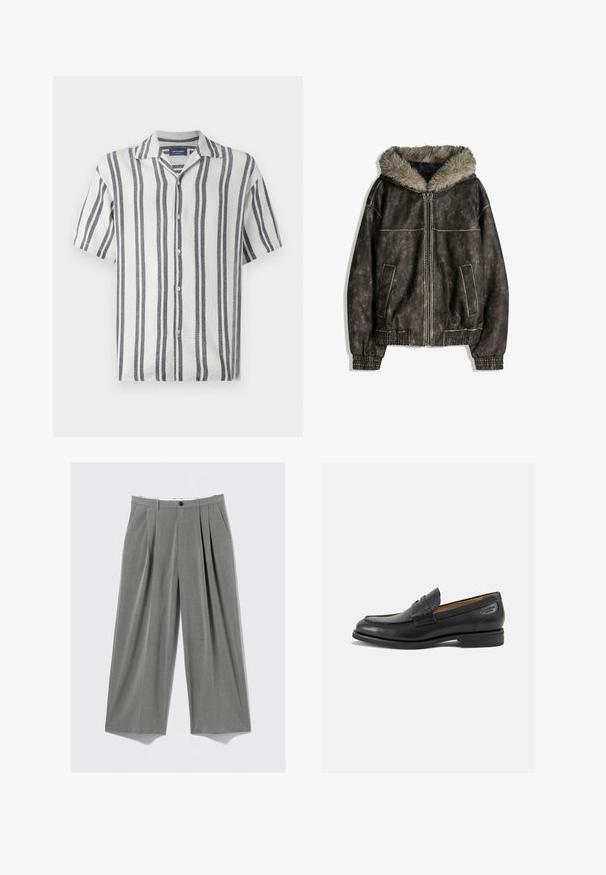 Hnedá umelá kožená bunda s kapucňou s kožušinovým podšívkou, dvoma prednými vreckami, rebrovanými manžetami a zipsom na zapínanie. Textúrovaný povrch s kontrastným prešívaním.; Krátky rukáv košeľa vyrobená z textúrovanej tkaniny s bielymi a námorníckymi vertikálnymi pruhmi, s klopa kolom a gombíkovým zapínaním.; Sivé pruhované široké nohavice s prednými záhybmi, pútkami na opasok, bočnými vreckami a čiernym gombíkovým zapínaním.; Čierne kožené mokasíny s hladkým povrchom, zaoblenou špičkou a dekoratívnym prešívaním na prednej časti. Nízky kokteilový opätok a jemný lesk.
