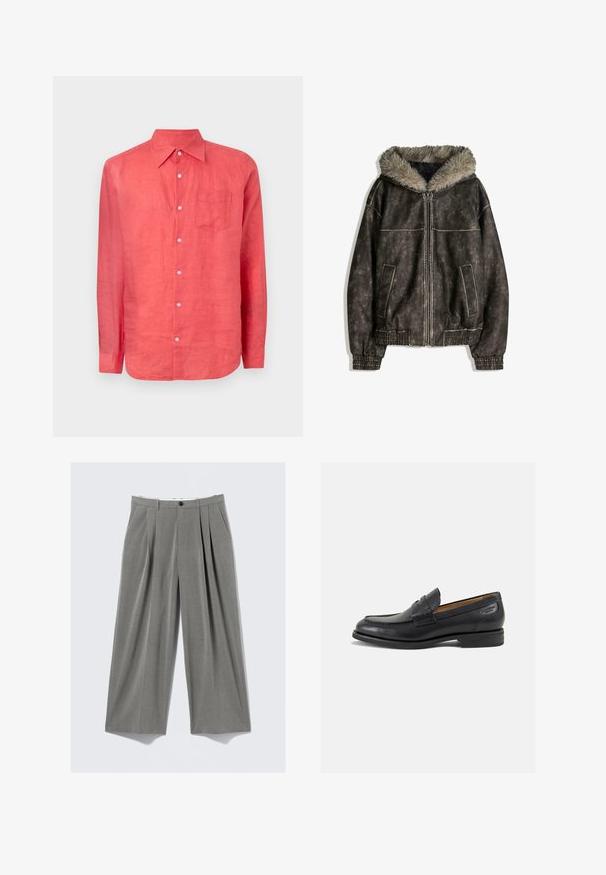 Braune Kunstlederjacke mit einer mit Fell gefütterten Kapuze, zwei Fronttaschen, Rippbündchen und einem Reißverschluss. Strukturiert Oberfläche mit kontrastierenden Nähten.; GAP Hemd - watermelon ice; Grau gestreifte, weit geschnittene Anzughose mit vorderem Bundfalten, Gürtelschlaufen, Seitentaschen und einem schwarzen Knopfverschluss.; Schwarze Leder Slipper mit glatter Oberfläche, runder Spitze und dekorativer Naht auf dem Vorderblatt. Niedriger Blockabsatz und leichter Glanz.