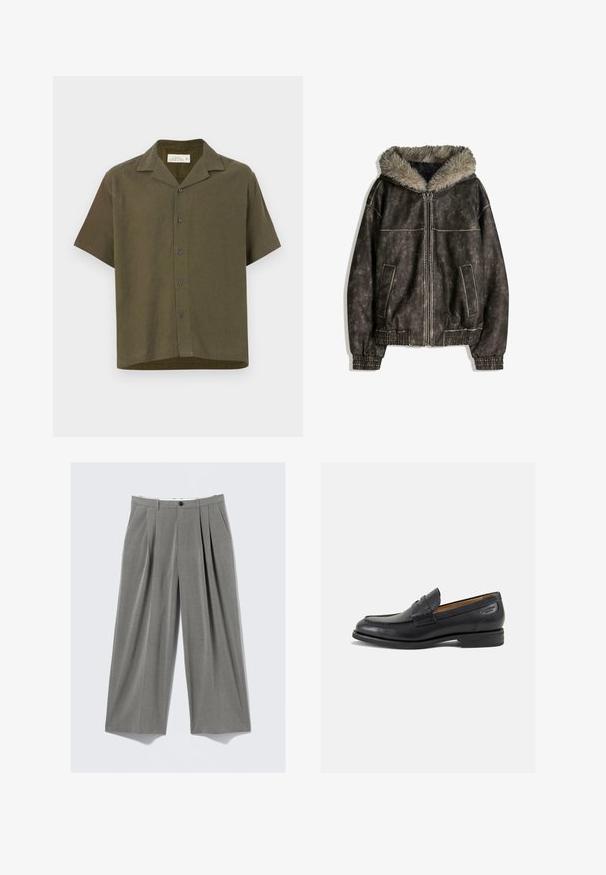 Brun faux læderjakke med en pelsforet hætte, to forreste lommer, ribbede manchetter og lynlås lukning. Struktureret overflade med kontrasterende søm.; Kortærmet, kravefri skjorte i mørkeoliven grøn stof. Har fem knapper ned foran og en lige kant. Fremstillet af en blanding af linned.; Grå pynte-stribet vide bukser med frontfolder, bæltestropper, sidelommer og en sort knaplukning.; Sorte læder loafers med en glat finish, rund tå og dekorativ syning på vampen. Lav stablet hæl og let glans.