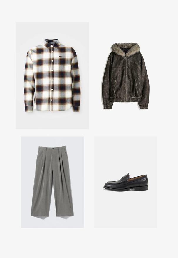 Brun faux läderjacka med en foder i päls kring huvan, två framfickor, ribbade ärmslut och dragkedjestängning. Texturerad yta med kontrasterande sömmar.; Långärmad rutig skjorta i vitt, grått och brunt. Har en knäppning framtill, klassisk krage och en liten logotyp på bröstet.; Grått rutigt vidbenat klänningbyxor med framveck, bältesöglor, sidofickor och en svart knappstängning.; Svarta läder loafers med en slät ytfinish, rund tå och dekorativ sömnad på vampen. Låg staplad klack och lätt glans.