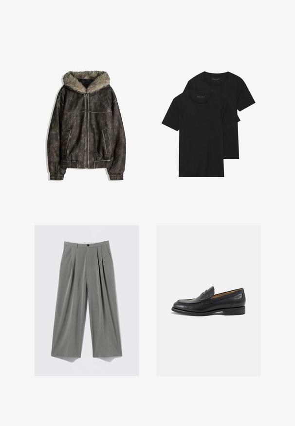 Braune Kunstlederjacke mit einer mit Fell gefütterten Kapuze, zwei Fronttaschen, Rippbündchen und einem Reißverschluss. Strukturiert Oberfläche mit kontrastierenden Nähten.; Zwei schwarze Baumwoll-T-Shirts mit kurzen Ärmeln, runden Ausschnitten und einer glatten Textur, übereinander gestapelt.; Grau gestreifte, weit geschnittene Anzughose mit vorderem Bundfalten, Gürtelschlaufen, Seitentaschen und einem schwarzen Knopfverschluss.; Schwarze Leder Slipper mit glatter Oberfläche, runder Spitze und dekorativer Naht auf dem Vorderblatt. Niedriger Blockabsatz und leichter Glanz.