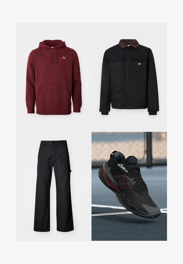 Black work jacket with brown corduroy collar, two chest flap pockets, and a front zipper concealed by a placket, with a small brand logo on the chest.; Maroon Puma hoodie with front kangaroo pocket, adjustable drawstring hood, and small Puma logo on left chest.; Black, wide-leg trousers made of durable fabric. Features a button closure and side pockets. Smooth texture with a clean design.; Black athletic shoe with a textured upper, red accents, and a rubber sole. Features a low profile and reinforced toe cap.