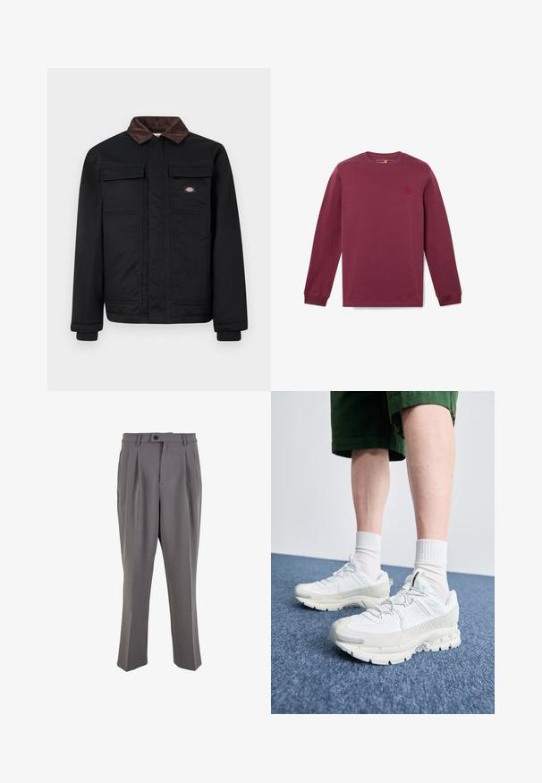 Svart arbetsjacka med krage i brunt kordflor, två bröstfickor med klaff och en framdragkedja som döljs av en placket, med en liten logotyp på bröstet.; Burgunderfärgad långärmad bomullströja med rund halsringning och en liten röd logotyp på vänster bröst. Mjuk textur och standard passform.; Grå plisserade byxor i mjukt tyg, med rak passform, en enkel knappstängning och bälteshällor. Minimalistisk design.; Vita atletiska skor med texturerade överlägg, en tjock sula och grå accenter. Bärs med vita strumpor och gröna shorts på en blå yta.