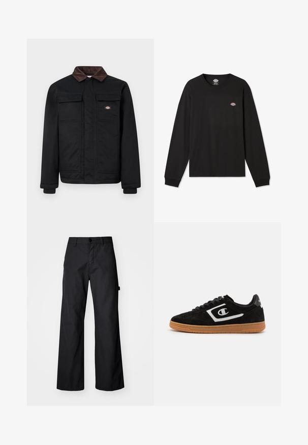 Mustapaita, jossa on ruskea samettikaulus, kaksi rintataskua läpällä ja etuvetoketju, joka on peitetty placketilla. Rinnassa on pieni brändilogo.; Musta pitkähihainen t-paita puuvillasta, jossa on pieni monivärinen Dickies-logo vasemmassa rintakohdassa ja ribattu hihansuu.; Mustat, leveälahkeiset housut kestävästä kankaasta. Varustettu nappisulkeumalla ja sivutaskuilla. Sujuva pinta ja siisti muotoilu.; Mustat mokkasneakerit, joissa on valkoinen logo, nauhakiinnitys ja kumipohja. Ominaisuuksiin kuuluu sileä pinta ja pyöreä muoto.